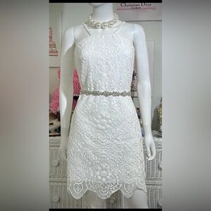 BB Dakota RSVP Mini Dress Bridal Cotton Lace w/embellished belt in white Size 6